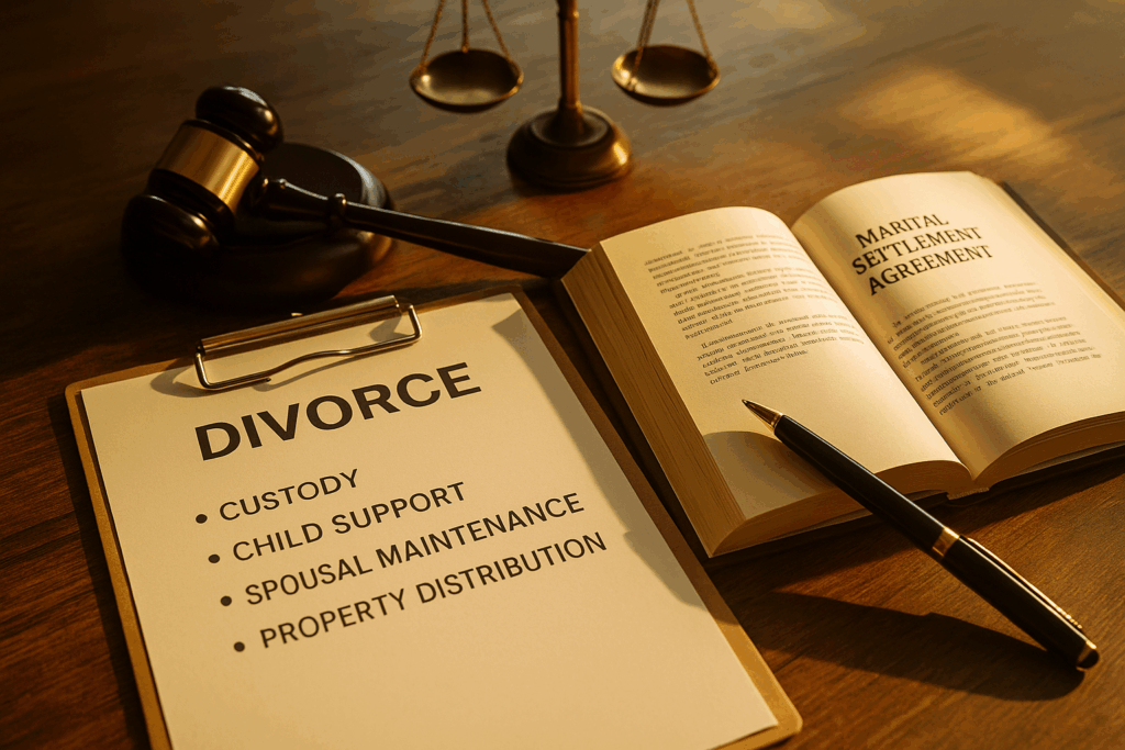 Photo of a warm, sunlit wooden desk displaying divorce-related legal documents, including a clipboard titled “DIVORCE” listing custody, child support, spousal maintenance, and property distribution, alongside an open book labeled “MARITAL SETTLEMENT AGREEMENT,” a pen, a judge’s gavel, and balanced legal scales, symbolizing the formalities and legal requirements of divorce proceedings.