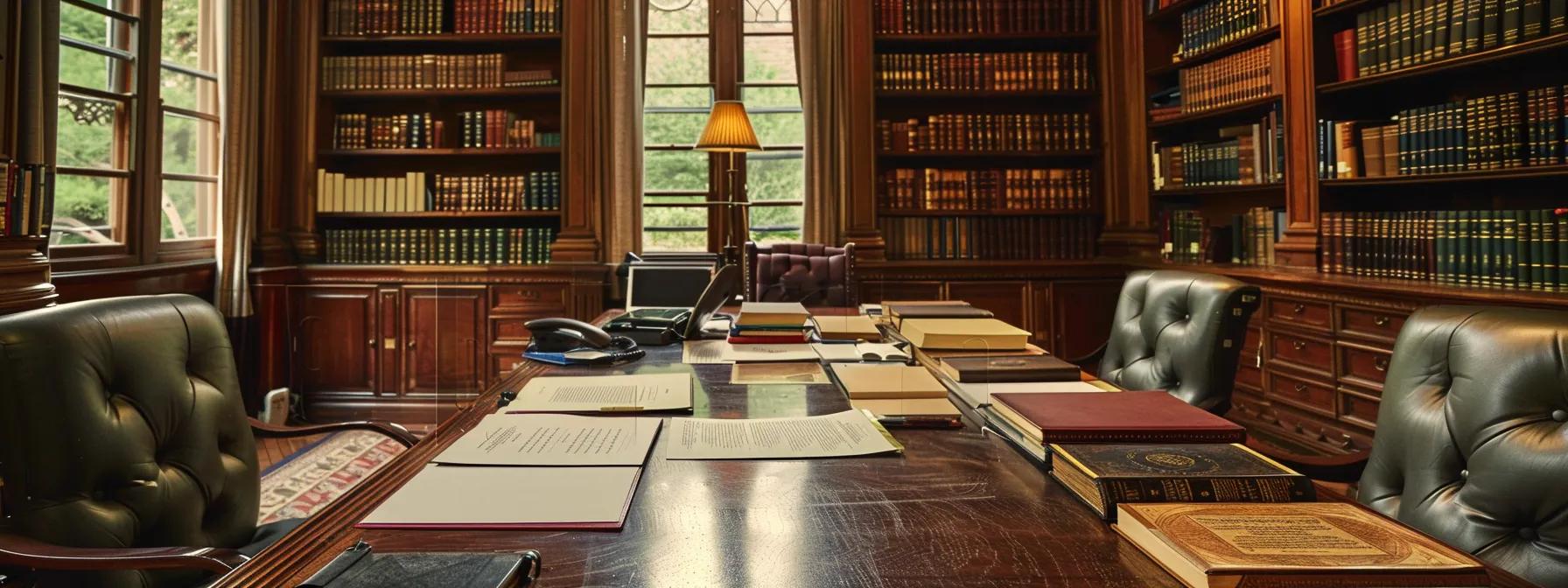 a professional attorney's office features an elegantly arranged conference table, complete with legal documents and a laptop, illuminating the intricacies of the texas divorce process and property division, set against a backdrop of refined bookshelves filled with law books and framed certificates. a professional attorney's office features an elegantly arranged conference table, complete with legal documents and a laptop, illuminating the intricacies of the texas divorce process and property division, set against a backdrop of refined bookshelves filled with law books and framed certificates.