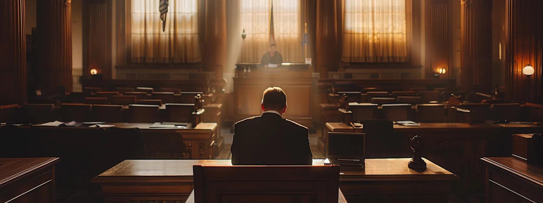 a focused view of a dimly lit courtroom, where a judge sits attentively at the bench, flanked by legal documents and a laptop, as a tense discussion unfolds regarding the modification of spousal support, emphasizing the gravity of legal proceedings and financial realities. a focused view of a dimly lit courtroom, where a judge sits attentively at the bench, flanked by legal documents and a laptop, as a tense discussion unfolds regarding the modification of spousal support, emphasizing the gravity of legal proceedings and financial realities.
