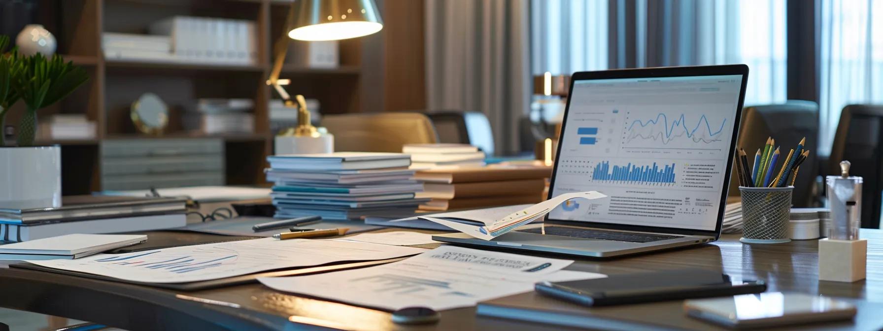 a professional office setting showcases a detailed financial evaluation, featuring a sleek desk with organized stacks of documents, including tax returns and bank statements, while a laptop displays graphs and charts illustrating the comparison of living standards during marriage versus current conditions. a professional office setting showcases a detailed financial evaluation, featuring a sleek desk with organized stacks of documents, including tax returns and bank statements, while a laptop displays graphs and charts illustrating the comparison of living standards during marriage versus current conditions.