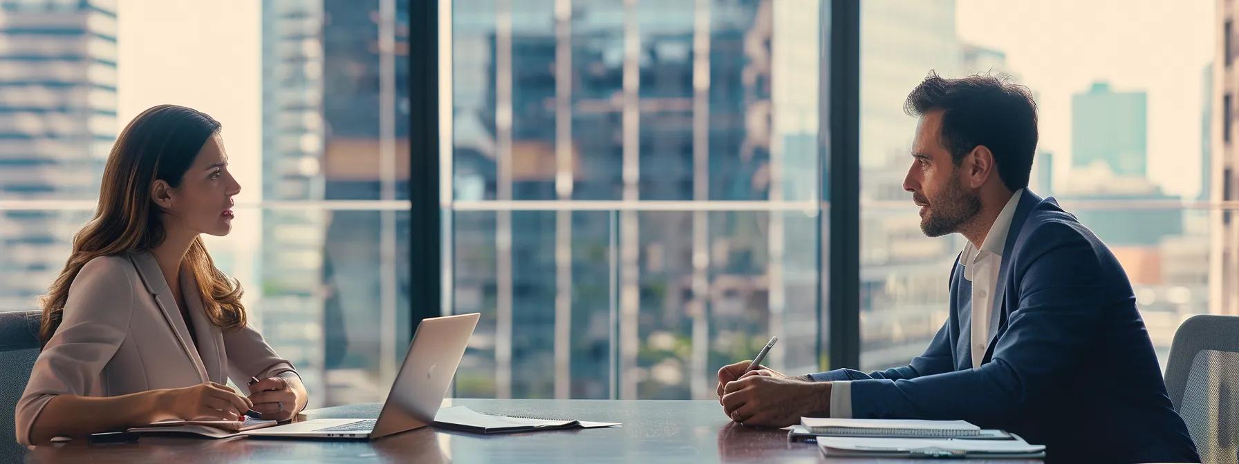 a focused, modern office setting features a thoughtful couple seated across from each other at a sleek conference table, with documents and a laptop open between them, symbolizing a serious discussion on spousal support eligibility in texas. a focused, modern office setting features a thoughtful couple seated across from each other at a sleek conference table, with documents and a laptop open between them, symbolizing a serious discussion on spousal support eligibility in texas.
