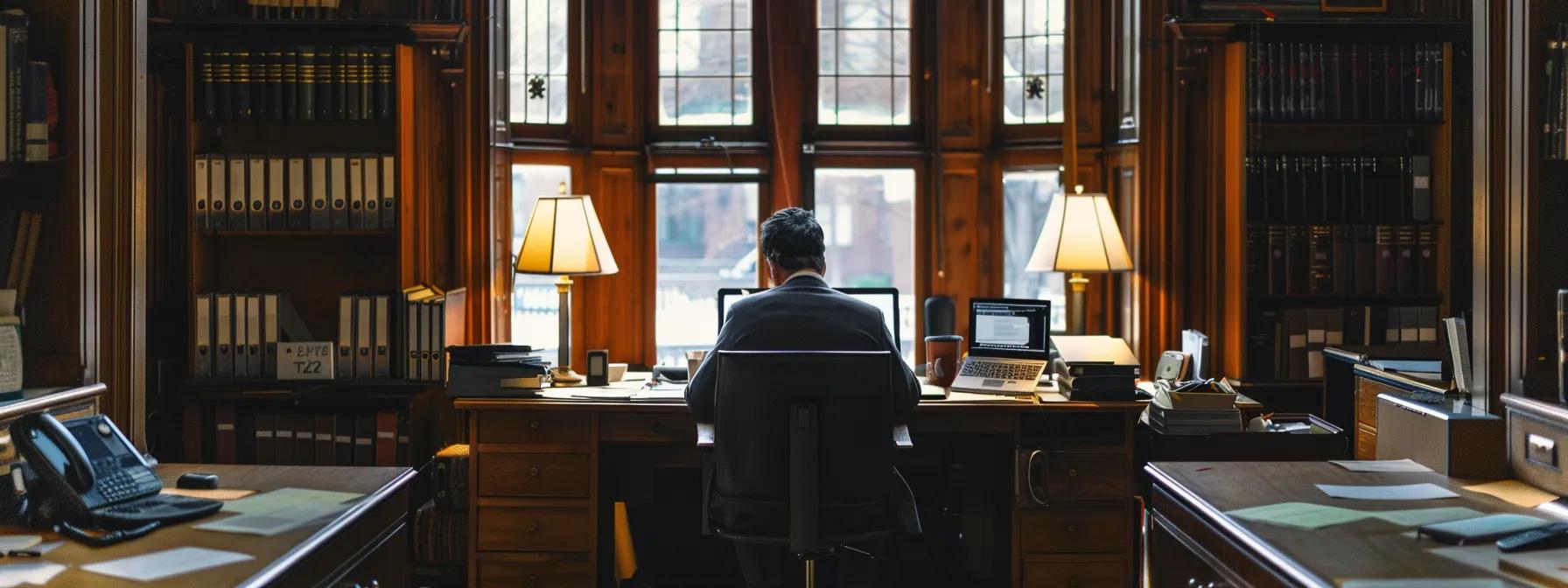 a solemn office setting features a focused individual seated at a desk surrounded by legal documents and a laptop, conveying the weight of navigating spousal support issues in the context of short-term marriages. a solemn office setting features a focused individual seated at a desk surrounded by legal documents and a laptop, conveying the weight of navigating spousal support issues in the context of short-term marriages.