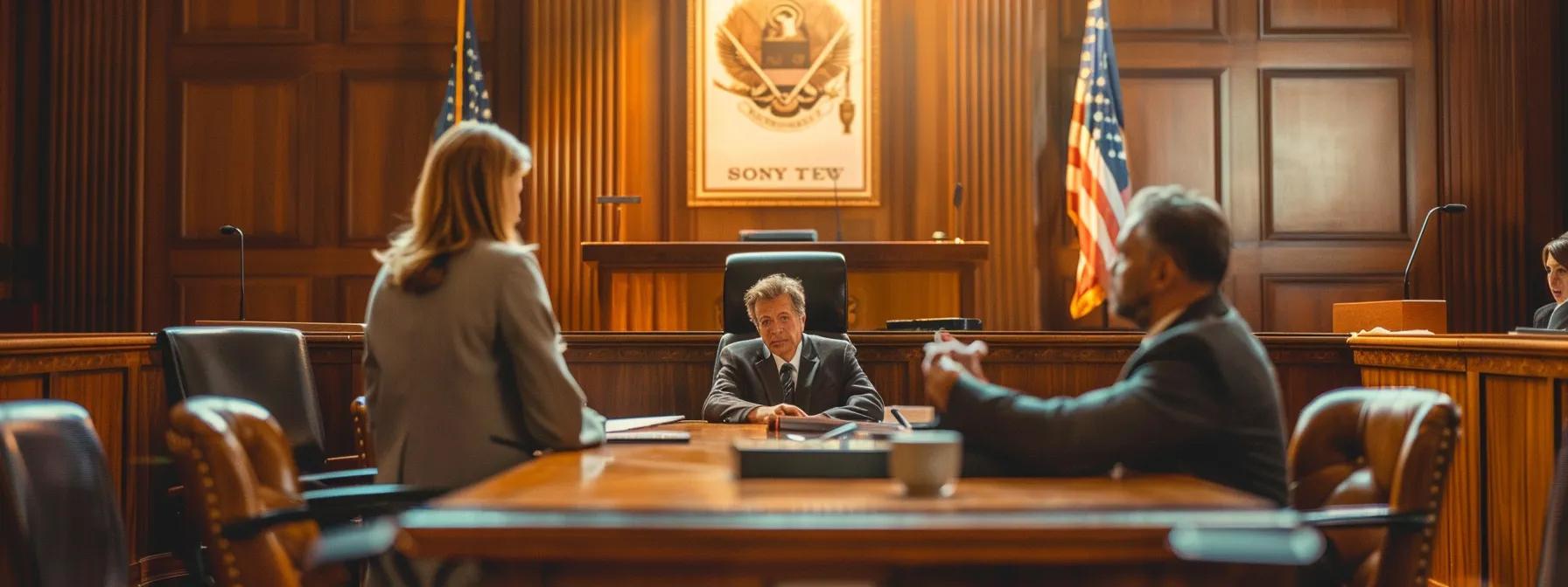 a serious, engaged family law judge presides over a well-appointed courtroom setting, contemplating documents and case evidence as a couple discusses alimony negotiations at a polished wooden table, highlighting the intricacies of texas family law. a serious, engaged family law judge presides over a well-appointed courtroom setting, contemplating documents and case evidence as a couple discusses alimony negotiations at a polished wooden table, highlighting the intricacies of texas family law.