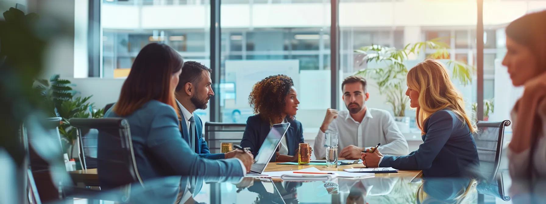 a focused legal consultation unfolds in a sleek, modern office, showcasing a diverse group of professionals engaged in a discussion about spousal support calculations, with documents and charts reflecting income and living standards on the polished conference table. a focused legal consultation unfolds in a sleek, modern office, showcasing a diverse group of professionals engaged in a discussion about spousal support calculations, with documents and charts reflecting income and living standards on the polished conference table.