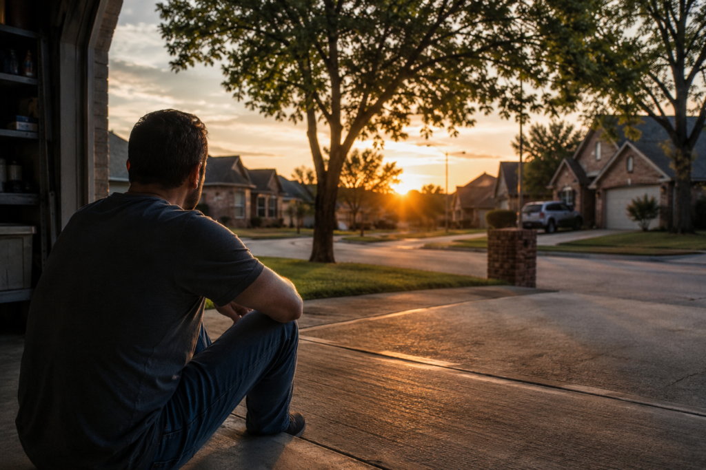 Man sitting in driveway at sunset reflecting after difficult family moment in Humble Texas neighborhood
