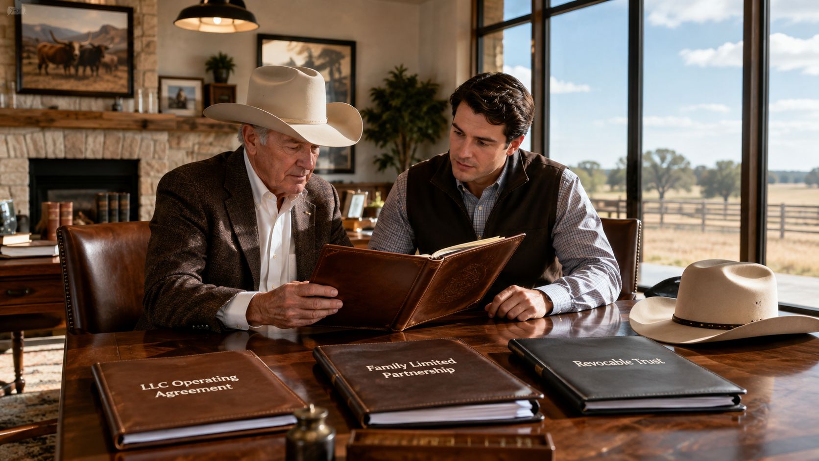 An older man in a cowboy hat and a younger man reviewing legal documents in a rustic office.