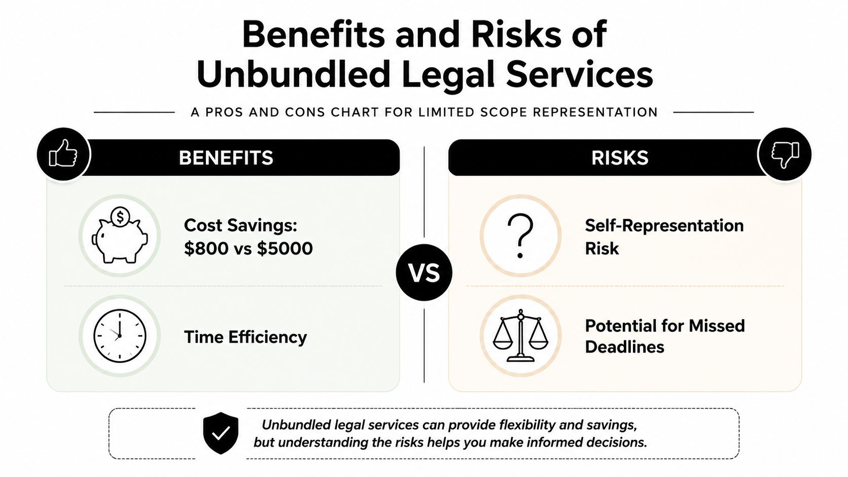A pros and cons chart illustrating the financial and efficiency benefits versus the risks of unbundled legal services.