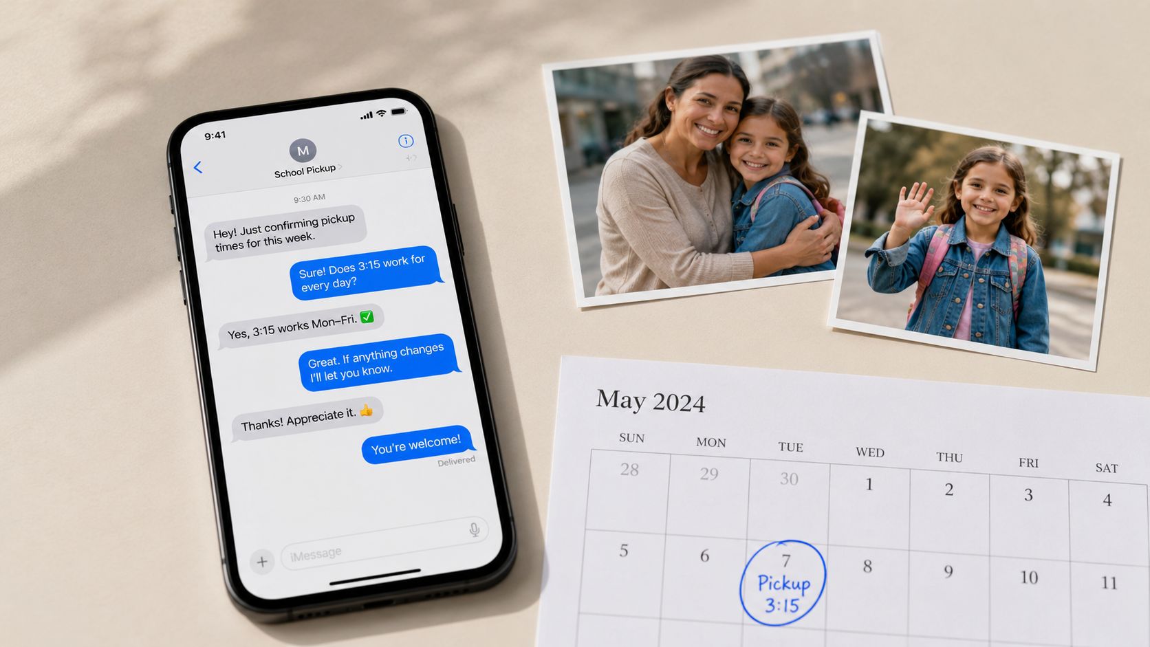 A smartphone showing school pickup text messages beside photos of a mother and daughter and a calendar.