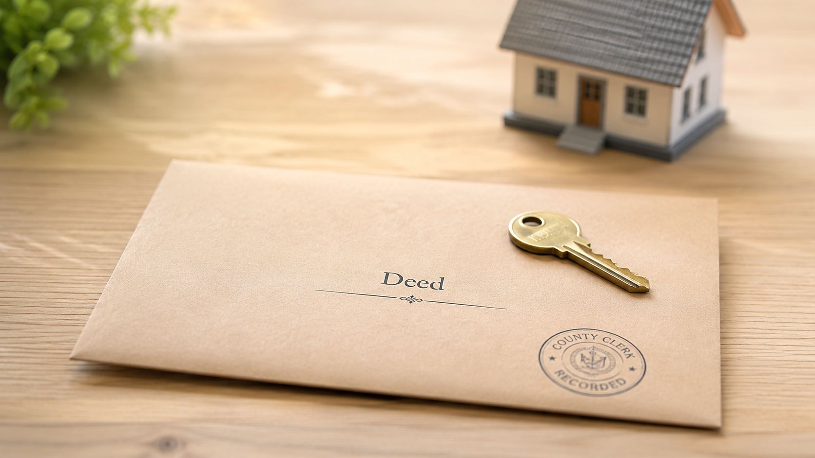 A tan envelope labeled Deed with a metal house key and a county clerk stamp on top.