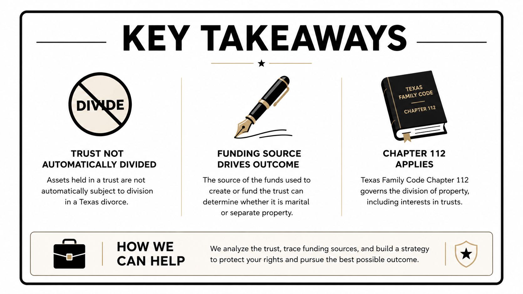 An infographic summarizing key takeaways regarding how trusts are handled during a Texas divorce legal proceeding.