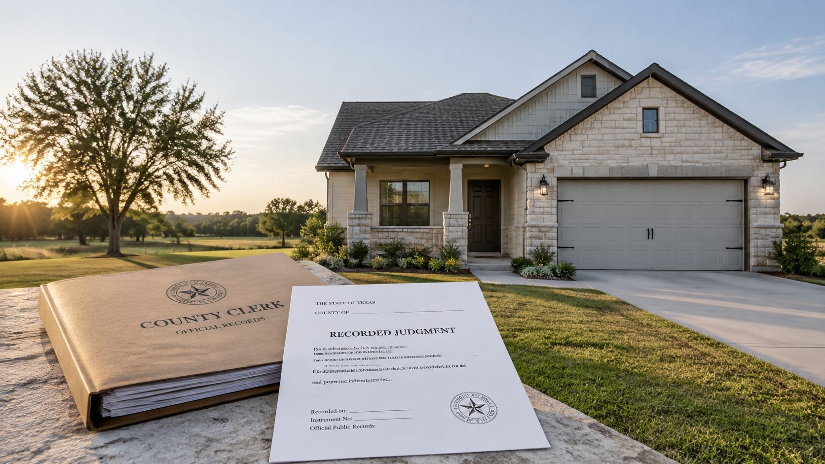 A document titled Recorded Judgment and a County Clerk records binder resting on a stone wall before a house.