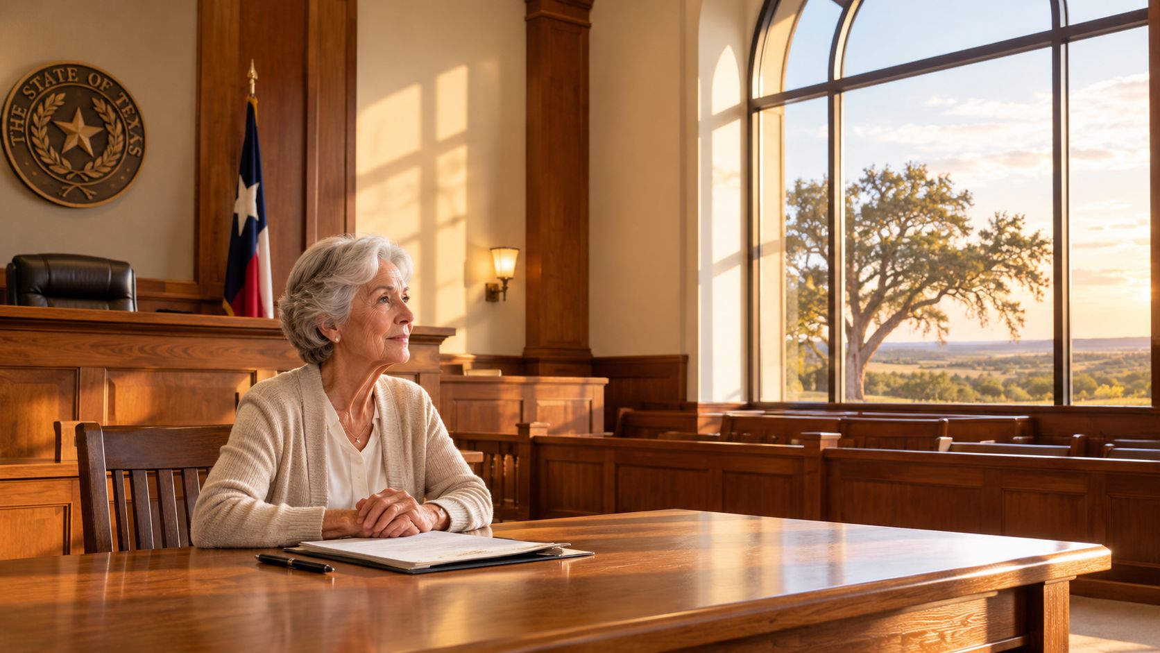 An elderly woman sitting at a courtroom desk in front of a Texas state flag and window.