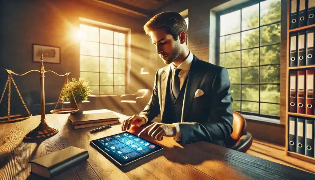 An illustration of consulting a family law attorney experienced in technology issues, depicting a lawyer with a digital tablet.