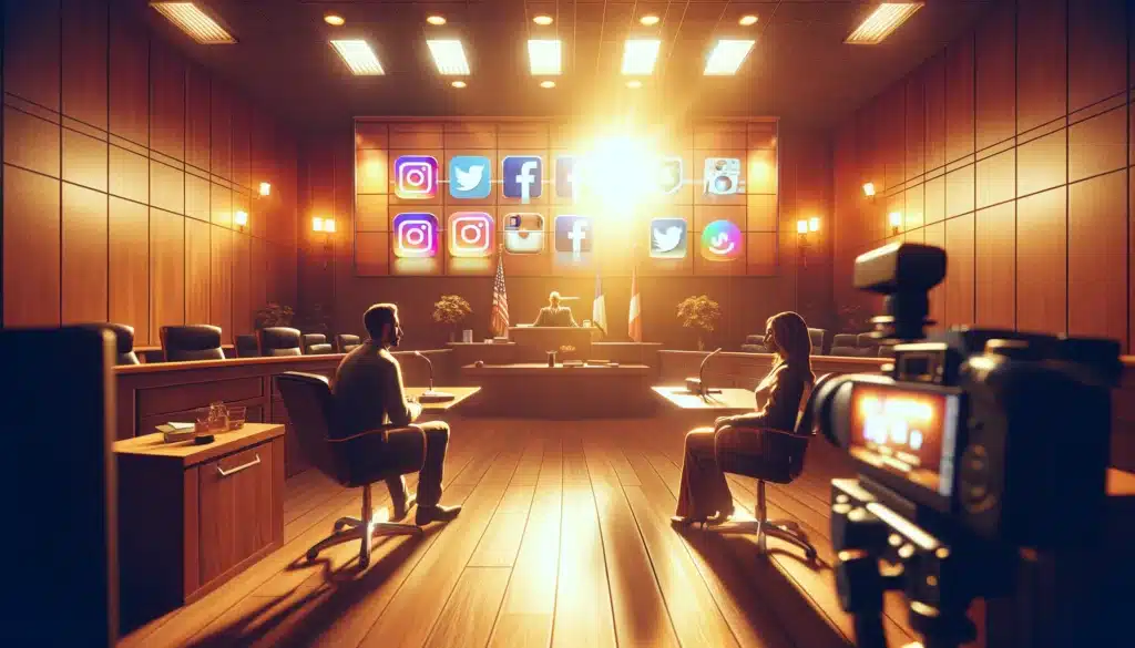 An illustration representing social media activity and its impact on divorce, featuring social media icons and a couple in a courtroom.