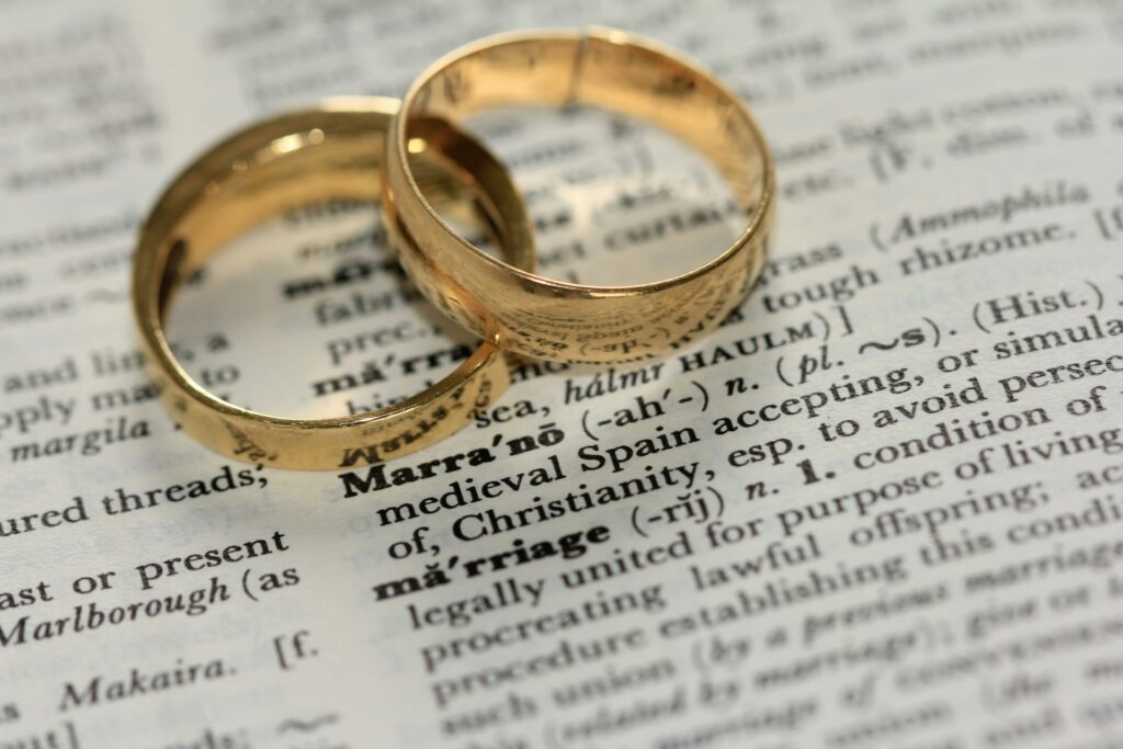 gold wedding rings on top of a book