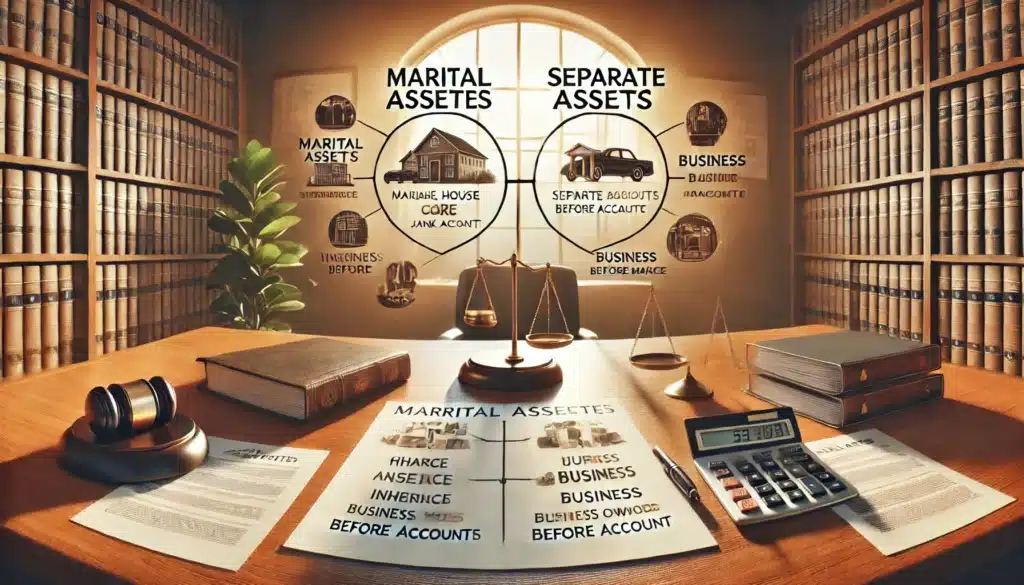 A wide-angle, photo-realistic cinematic image visually representing marital and separate assets during a divorce. The scene features a well-organized desk with a split diagram showcasing assets on either side: one side labeled 'Marital Assets' with shared property like a house, car, and joint bank accounts, and the other side labeled 'Separate Assets' with items like an inheritance, a business owned before marriage, and a personal savings account. Legal documents, a gavel, and a calculator are neatly placed on the desk. The setting is bathed in warm summer sunlight streaming through a window, creating a professional yet inviting atmosphere.