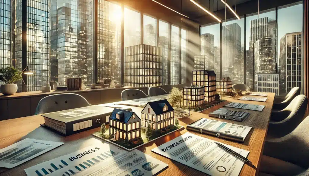 A wide-angle, photo-realistic cinematic image of a collage representing complex assets, including business interests and real estate. The scene features a well-lit modern office desk with an array of financial documents, a business valuation report, property deeds, and investment portfolios neatly arranged. A miniature model of a commercial building and a real estate property sit on the desk, symbolizing high-value assets. The setting is bathed in warm summer sunlight, streaming through large windows, creating a sophisticated and professional atmosphere.
