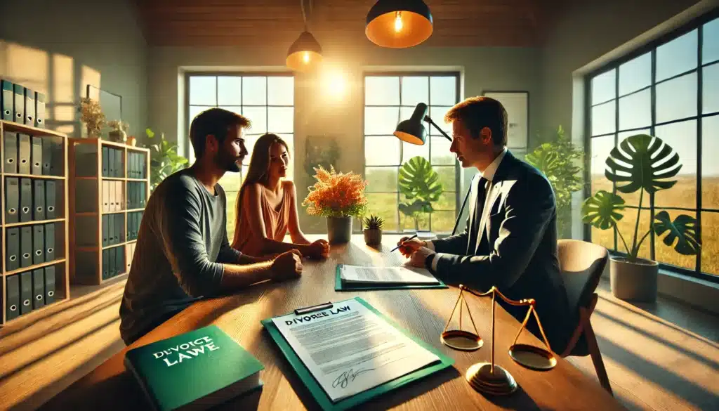 An illustration of a family law attorney assisting clients with divorce papers.