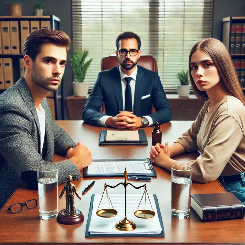 Couple and mediator at a mediation table in Texas, discussing divorce, with legal documents and scales of justice in view.
