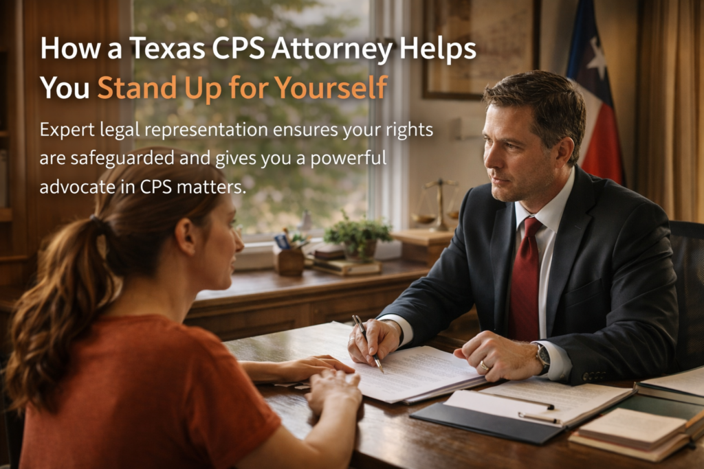 A Texas CPS attorney meets with a parent in an office to discuss legal rights and strategy during a CPS case