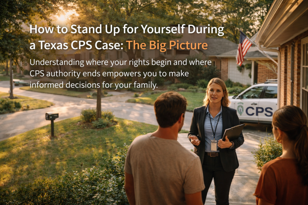 A CPS caseworker speaks with parents outside their Texas home during a child welfare investigation on a summer afternoon
