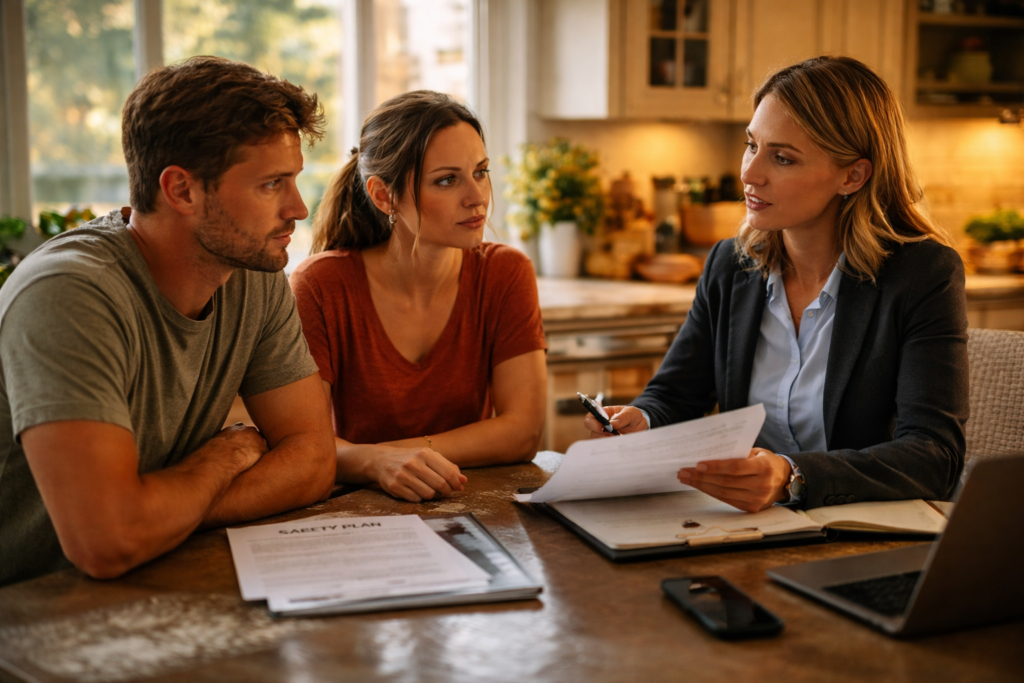 Parents review a CPS safety plan with an attorney at their kitchen table during a Texas child welfare case