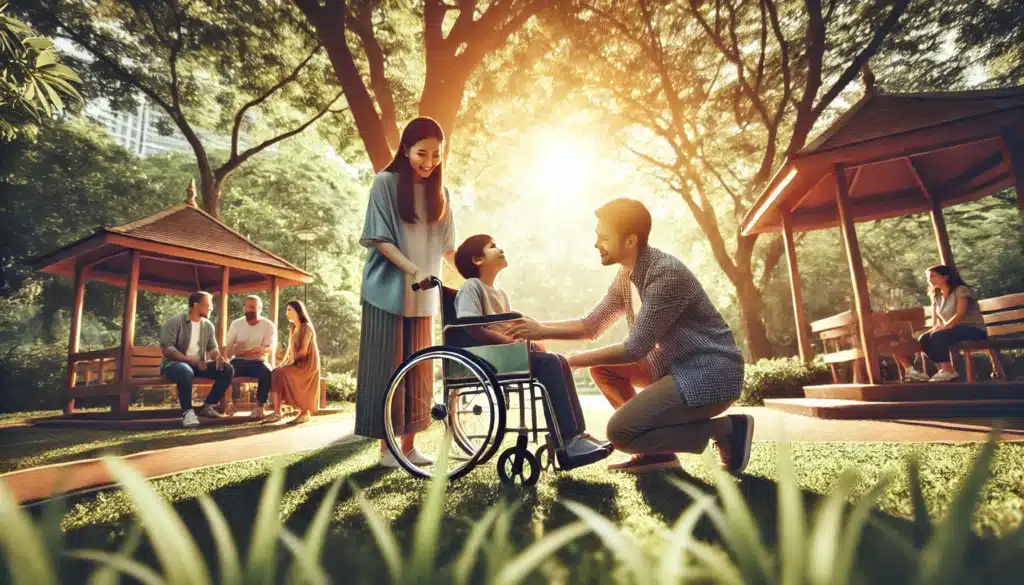 A wide-angle, photo-realistic, cinematic image with summer vibes capturing an illustrative scene representing the concept of extending child support for disabled children. The scene takes place outdoors on a warm, sunny day, with a family in a park. The focus is on a child with a visible disability, perhaps in a wheelchair, surrounded by loving parents who are providing care and attention. The atmosphere is peaceful and supportive, with the parents smiling as they help their child. The background features greenery, trees, and soft sunlight filtering through, symbolizing hope, care, and long-term support.