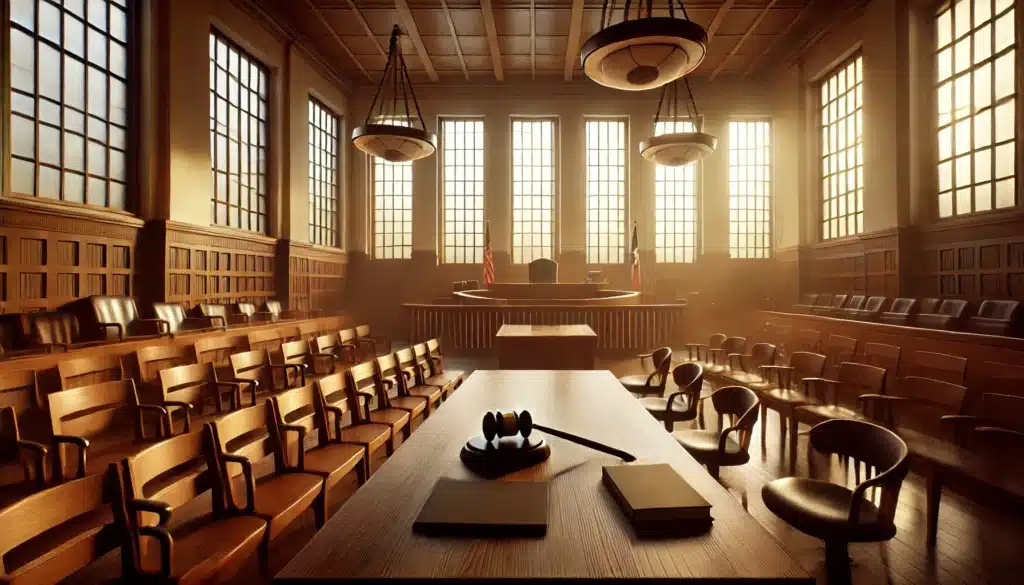 A wide-angle, cinematic, photo-realistic illustration showing the interior of a Texas courtroom in summer, capturing the mood of a temporary orders hearing. Sunlight pours in through large windows, creating a warm ambiance that highlights wooden benches, the judge's bench, and an organized table with documents, representing preparation and seriousness. The image evokes a formal, calm atmosphere, giving viewers a realistic sense of what to expect in a Texas temporary orders hearing. No camera equipment or text is visible in the scene.