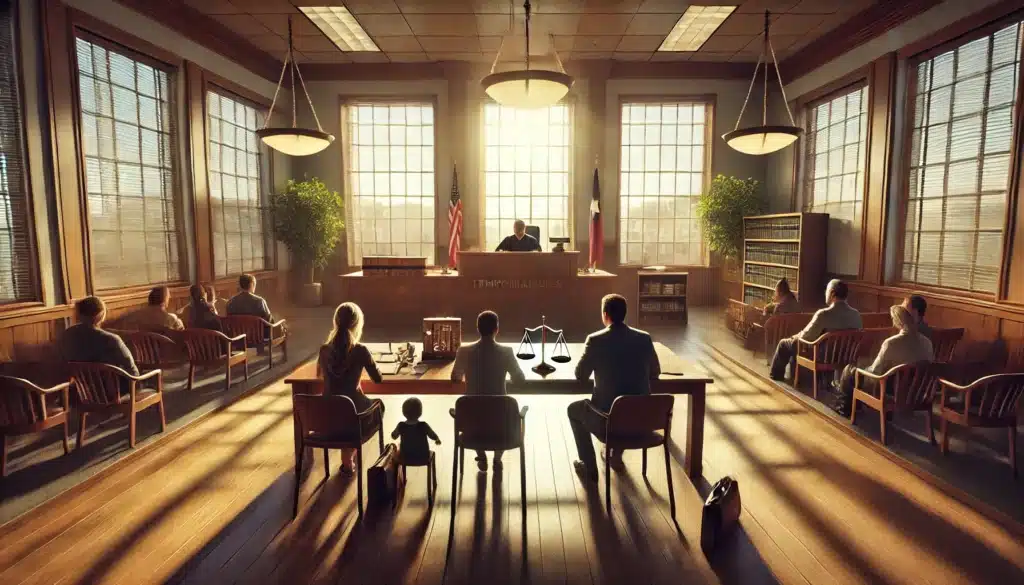 A wide-angle, photo-realistic, cinematic illustration showing the role of temporary orders in divorce and custody cases. The scene captures a Texas courtroom in summer with warm sunlight filtering through large windows, highlighting the judge's bench, a table with organized legal documents, and two parents seated on opposite sides. The setting evokes a serious but calm atmosphere, symbolizing the temporary custody, support, and property decisions being made. The image reflects a sense of stability and preparation, with no visible cameras or equipment in the scene.