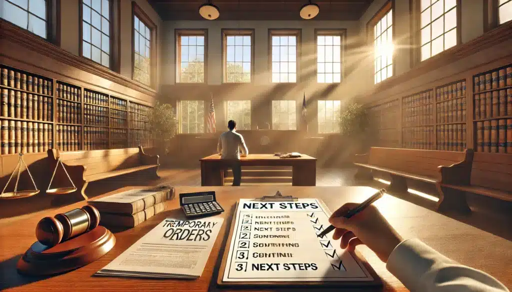 A wide-angle, photo-realistic, cinematic illustration representing the steps after a temporary orders hearing in a Texas courtroom. The scene shows a calm summer atmosphere, with warm sunlight streaming through large windows onto a desk filled with legal documents, a calendar, and a checklist symbolizing next steps. A person is seen from the side, thoughtfully reviewing papers, symbolizing the planning and reflection that follows a hearing. Wooden benches and the judge's bench in the background add to the formal yet serene atmosphere of the courtroom. No visible cameras or equipment in the scene.