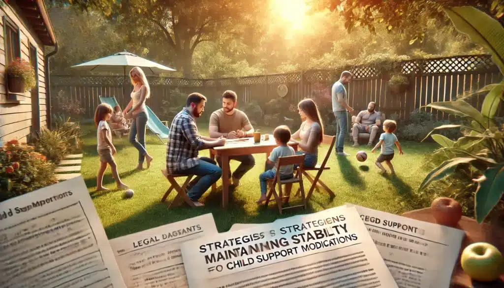 A wide-angle, photo-realistic, cinematic illustration of strategies for maintaining stability for children during child support modifications. The scene shows a peaceful family gathering in a backyard during a warm summer afternoon. Parents are engaging with their children, playing games or helping with homework at a table, while subtle legal documents related to child support modifications are seen in the background. The image captures a sense of emotional stability, with soft sunlight, greenery, and a calm atmosphere that reflects the theme of keeping children secure and stable during financial and legal changes.