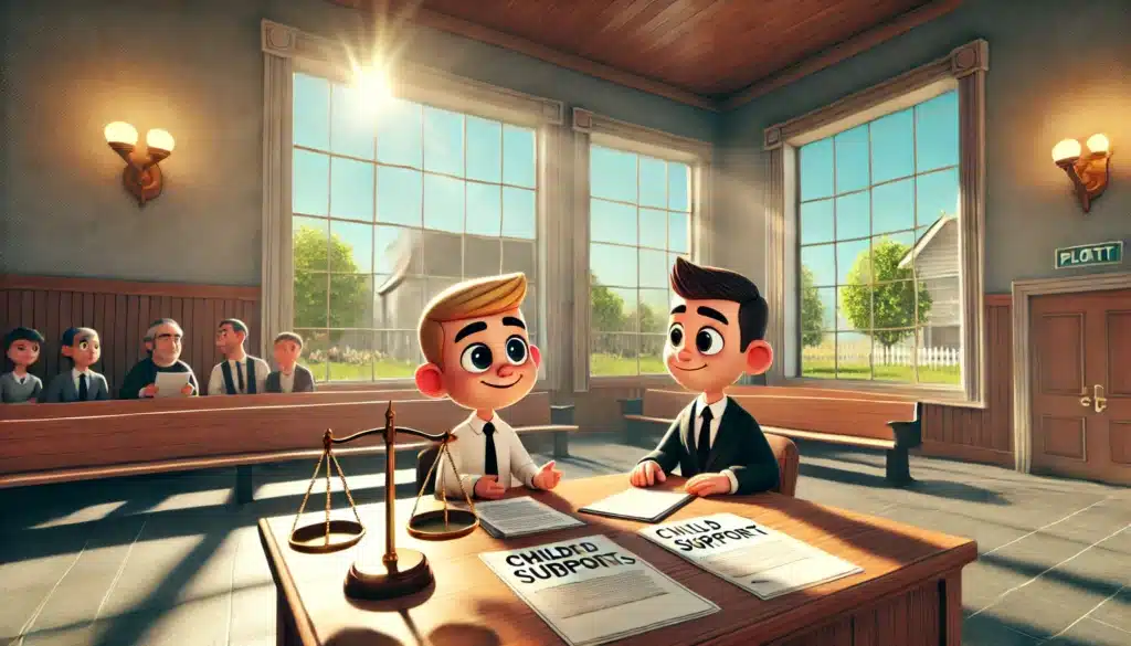 A wide-angle, photo-realistic, cinematic cartoon-style depiction of the legal process The scene shows a courthouse with scales of justice in the background, and cartoon-like characters sitting at a table with legal documents, discussing The summer sunlight shines warmly through the courthouse windows, and the characters have expressive, light-hearted faces, adding a playful tone to the serious topic. The outdoor view through the windows shows greenery and sunshine, giving off summer vibes, while the characters engage in the legal process inside.