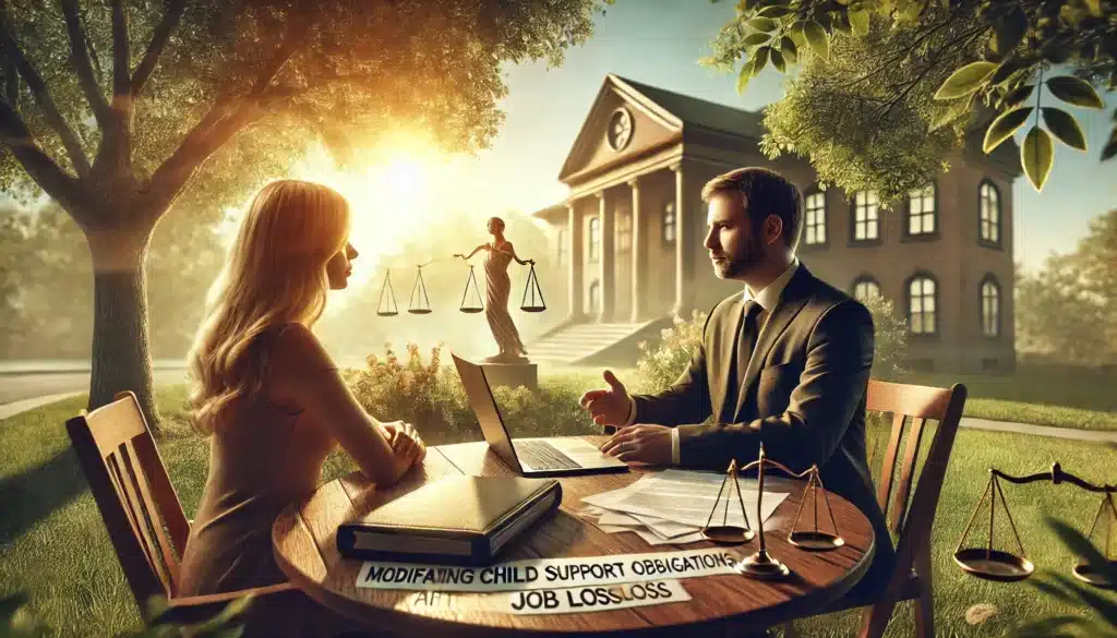 A wide-angle, photo-realistic, cinematic image depicting the role of an experienced family law attorney in modifying child support obligations after job loss. The scene shows a client sitting across from a calm and professional attorney at an outdoor table on a warm summer day, with legal documents and a laptop between them. The attorney is attentively explaining the legal process, with soft sunlight filtering through the trees. In the background, a courthouse or legal building is subtly visible, symbolizing the legal aspect. The summer vibes create a serene but focused atmosphere, highlighting the importance of legal expertise.