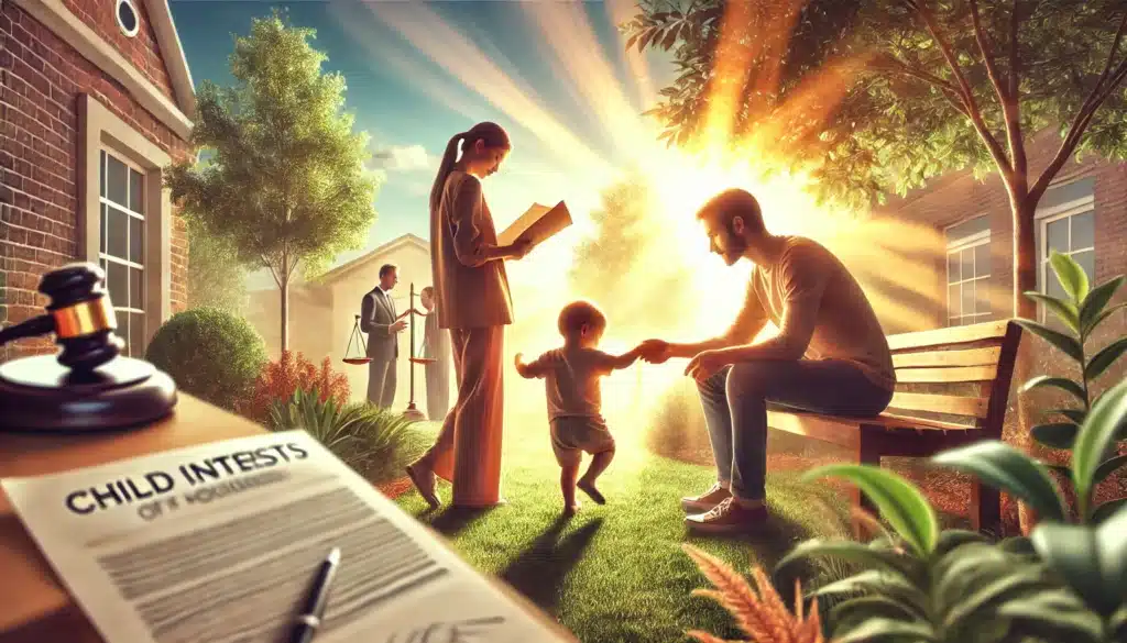 A wide-angle, photo-realistic, cinematic image representing the best interests of the child in child support modifications. The scene shows a family in a peaceful outdoor setting, such as a park on a sunny summer day. The child is playing happily while the parents watch attentively, symbolizing the focus on the child’s emotional and educational needs. In the background, there is a subtle hint of legal documents or a courthouse, representing the legal process. The warm sunlight, greenery, and serene vibes reflect the child’s well-being as the central concern during the decision-making process.