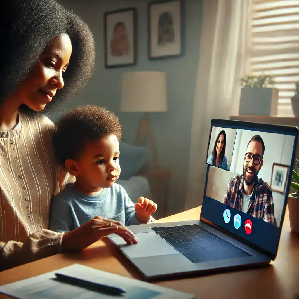 Mother and child on video call discussing co-parenting plans, emphasizing family law and custody arrangements during the pandemic.