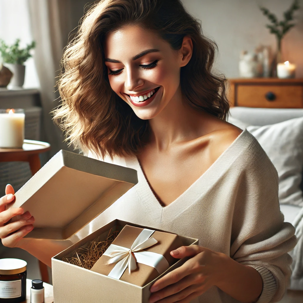 Woman in cozy living room opening gift box with happy expression, emphasizing themes of joy and family connections relevant to divorce support and legal guidance.