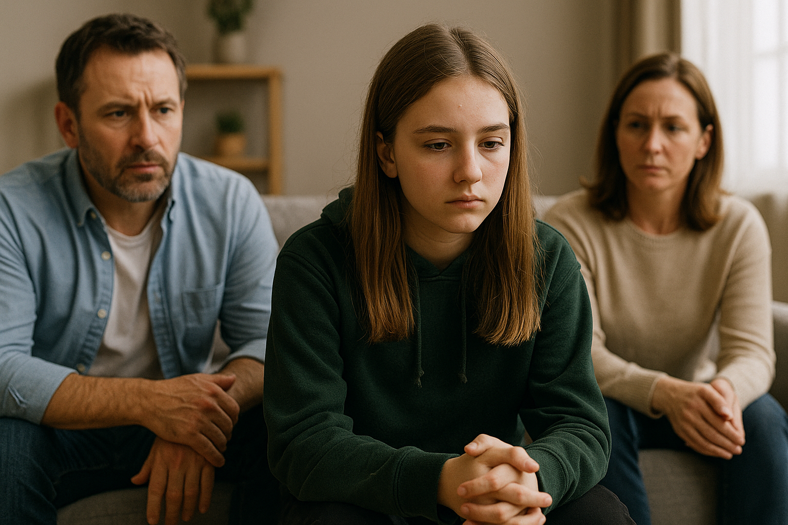 Family discussing high conflict divorce, with a concerned teenage girl in a green hoodie and her worried parents in a domestic setting.