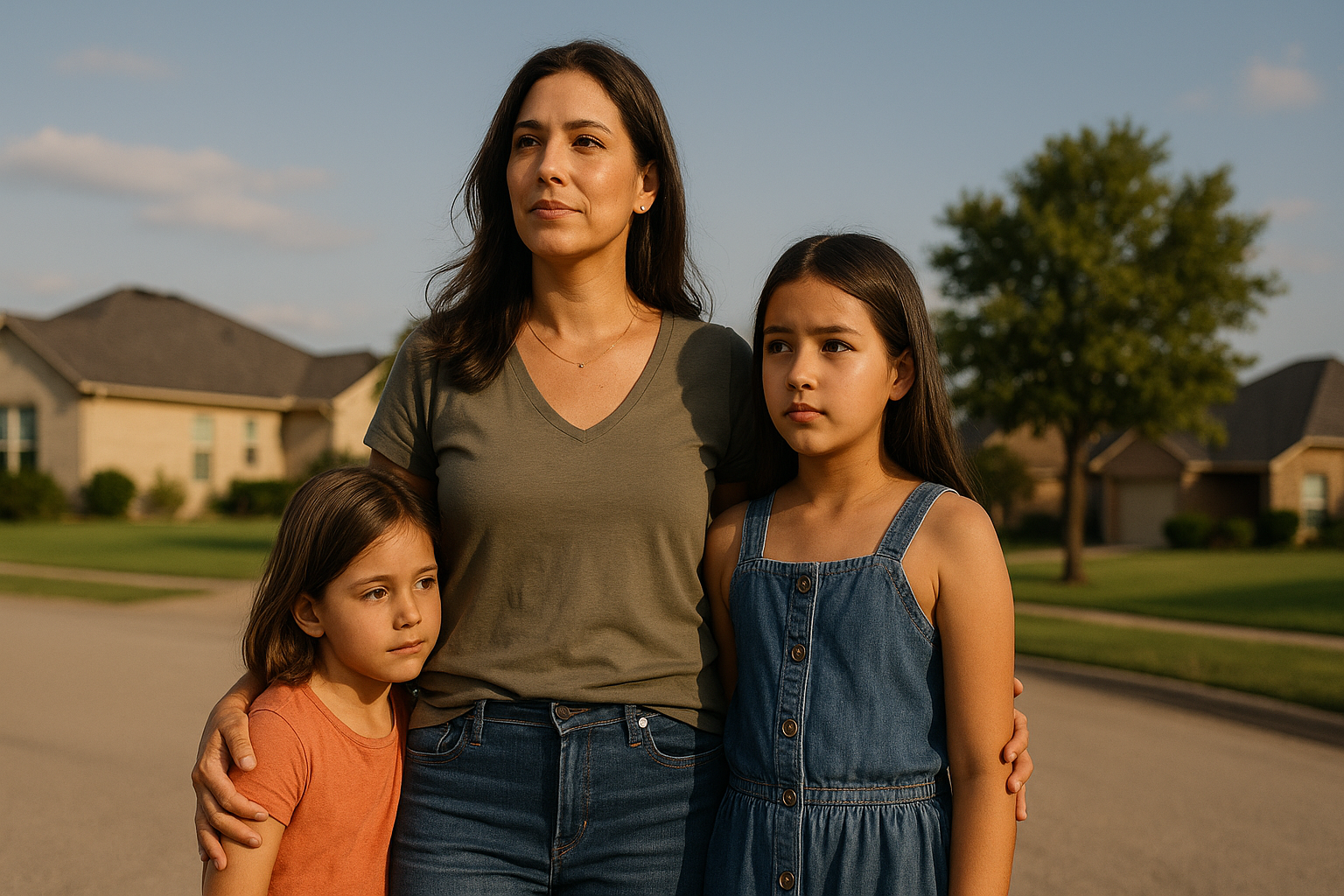 A Texas mother stands with her two children in warm summer light, symbolizing family resilience and financial stability after change.