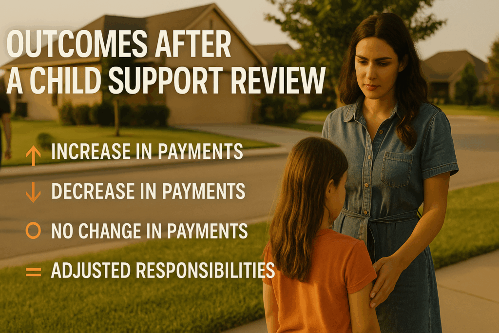 Outcomes after a child support review, including potential changes in payments and responsibilities.