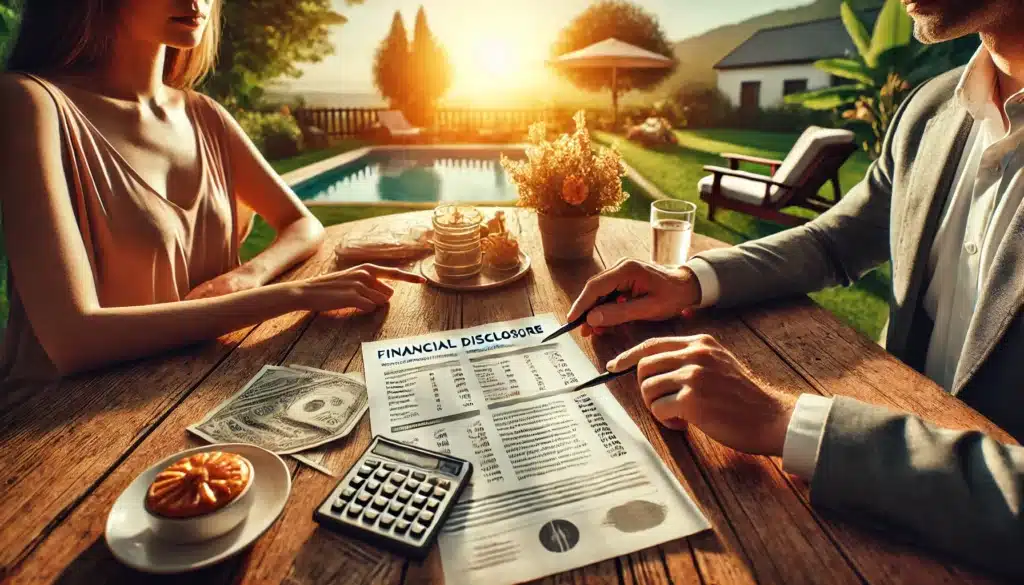 A photo-realistic, cinematic wide-angle image depicting the concept of financial disclosure in a prenuptial agreement. The image should have summer vibes and feature a symbolic scene of a couple sitting at an outdoor table, with documents laid out in front of them, showing financial statements and assets. The background shows a warm summer setting with soft sunlight, trees, and a calm atmosphere. One person is pointing at the documents, emphasizing clarity and transparency in the agreement. The scene represents a peaceful discussion, with the outdoors enhancing the mood of open communication.