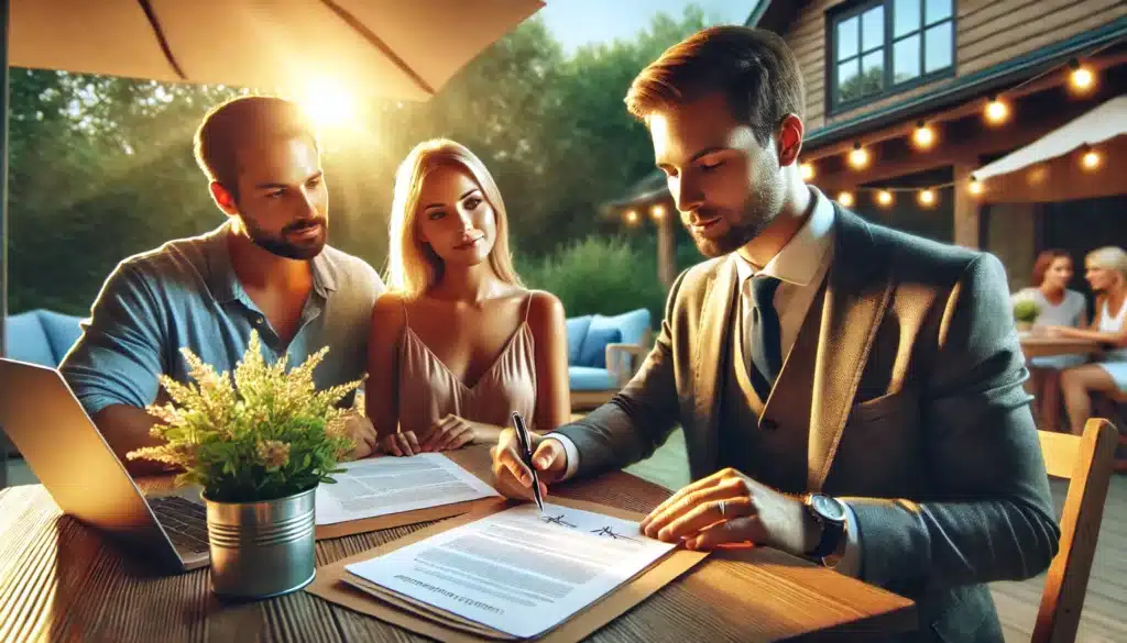 A photo-realistic, cinematic wide-angle image emphasizing the role of an experienced attorney in prenuptial agreements. The image has summer vibes and features an attorney sitting outdoors at a table with a couple, reviewing legal documents. The attorney appears professional and confident, guiding the couple through the process. The couple looks attentive and engaged. The setting is enhanced by a warm summer day with soft sunlight and natural surroundings, creating a serene yet professional atmosphere. The scene highlights the importance of legal expertise in ensuring a fair and well-structured prenuptial agreement. what voids a prenup in Texas