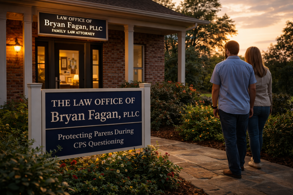 Couple walking toward The Law Office of Bryan Fagan, PLLC at sunset, symbolizing legal support and guidance during a CPS investigation in Texas
