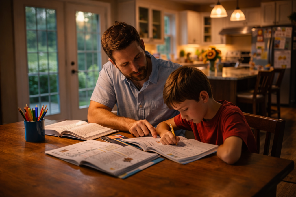 A parent is sitting at a kitchen table, actively helping their child with homework, creating a supportive environment that promotes the child's well-being and academic success. This scene reflects the importance of parental involvement in a child's education, which is essential for their growth and development.