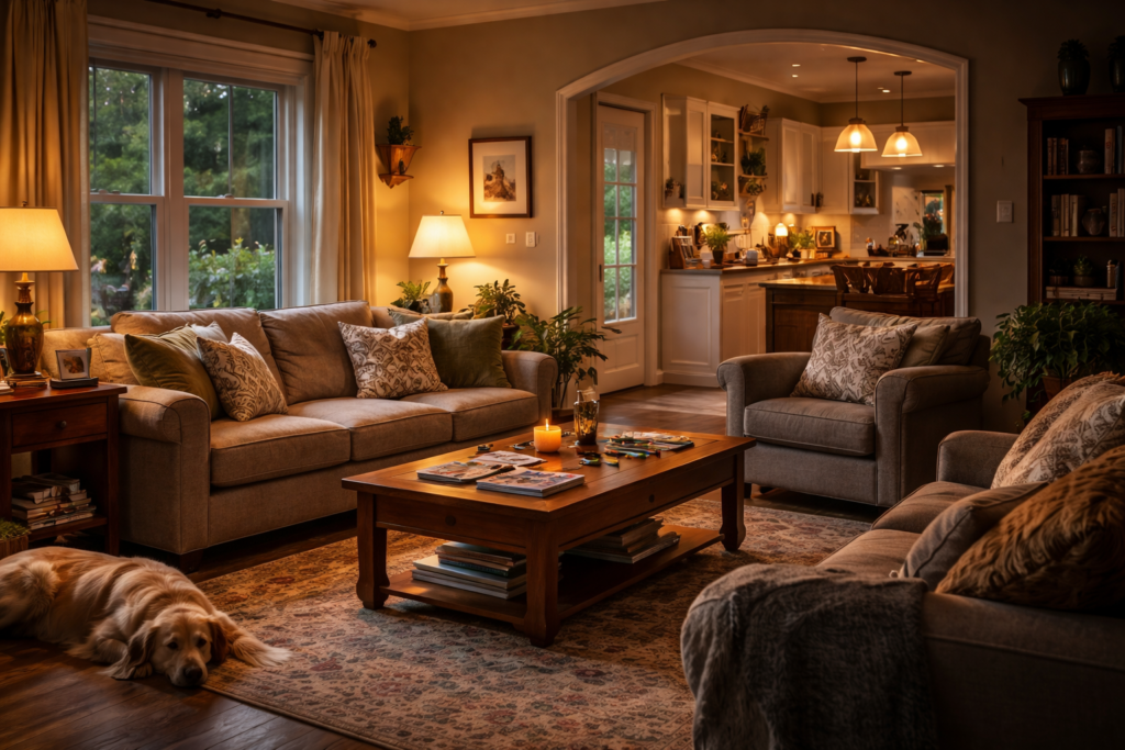 The image depicts a cozy family living room illuminated by warm lighting, featuring comfortable furniture such as a plush sofa and armchairs, creating a safe and stable environment for family members. This inviting space reflects the importance of emotional support and well-being in a child's living conditions.