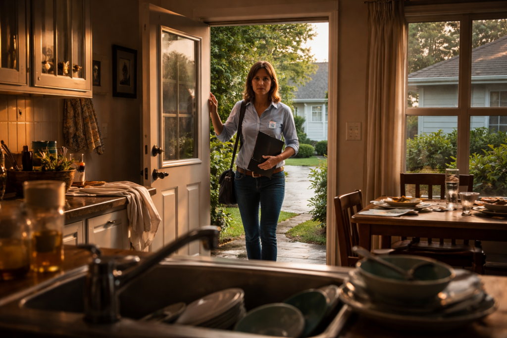 Texas CPS caseworker at front door during divorce investigation, evening home scene with dishes in sink