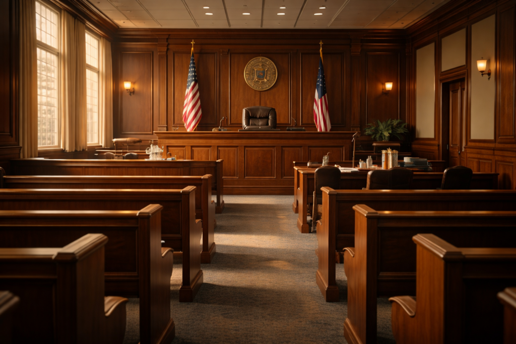 The image depicts a courtroom interior featuring wooden benches and an American flag, symbolizing the legal environment where family law cases, including those involving child protective services, are heard. This setting is crucial for ensuring the protection of children's rights and welfare during court proceedings.
