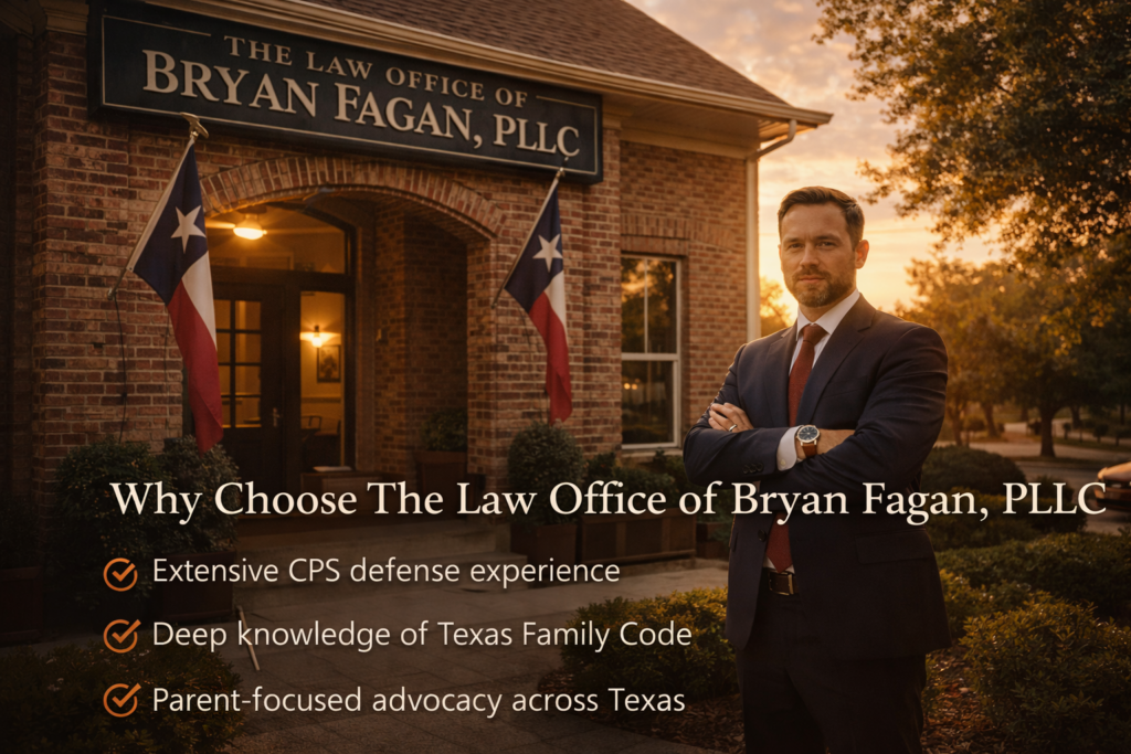 A Texas family law attorney standing outside The Law Office of Bryan Fagan, PLLC, symbolizing experienced CPS defense and parent-focused legal advocacy