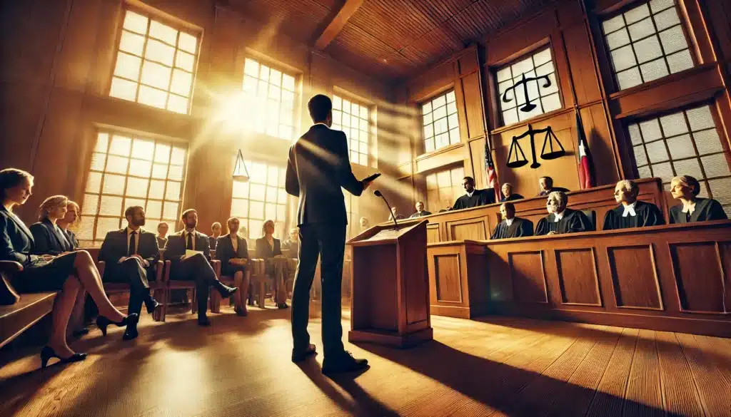 Presenting evidence in court with a jury.