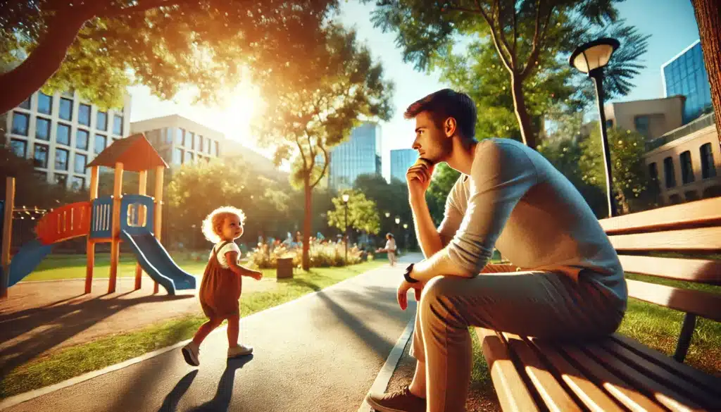 A wide-angle, photo-realistic cinematic image with summer vibes, depicting the pros and cons of pursuing sole custody. The scene shows a parent and child in a peaceful outdoor park setting, with the parent thoughtfully watching the child play nearby. The child appears happy and carefree, reflecting the benefits of a stable environment, while the parent has a contemplative expression, indicating the challenges they face. The setting has warm sunlight, lush greenery, and an inviting summer atmosphere that captures both the positive and reflective sides of sole custody. No text or camera equipment visible.
