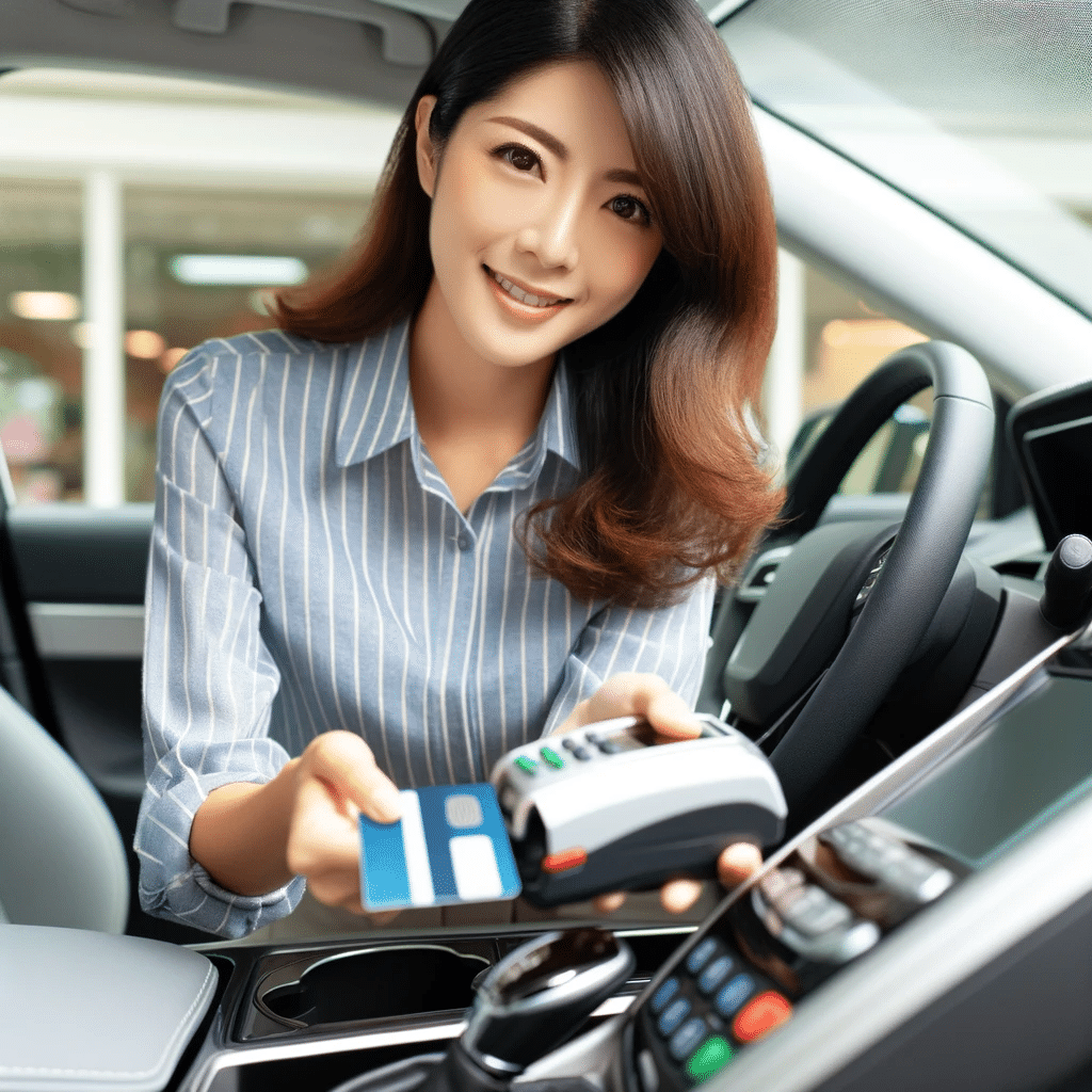 Woman making a payment for a car, holding a credit card near a payment terminal inside a vehicle, representing financial transactions related to marital assets in divorce.